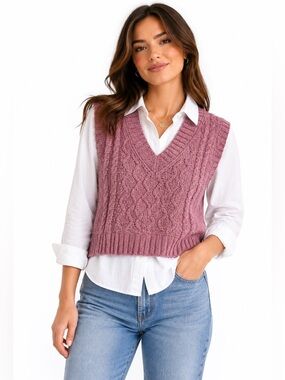 Pink Rose Women’s Mauve Cable Knit V-Neck Sweater Vest Cozy Pullover Size S